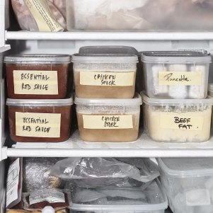 Buy stackable containers so you can efficiently store pre-prepared (and labelled) ingredients.