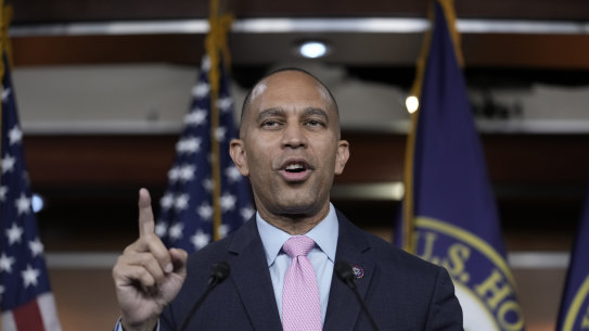Representative Hakeem Jeffries speaks to reporters just after he was elected by House Democrats to be the new leader.