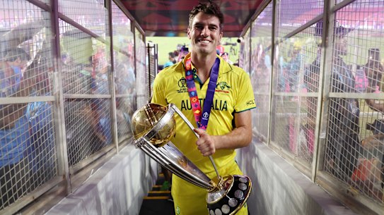 Pat Cummins celebrates the World Cup win in India.