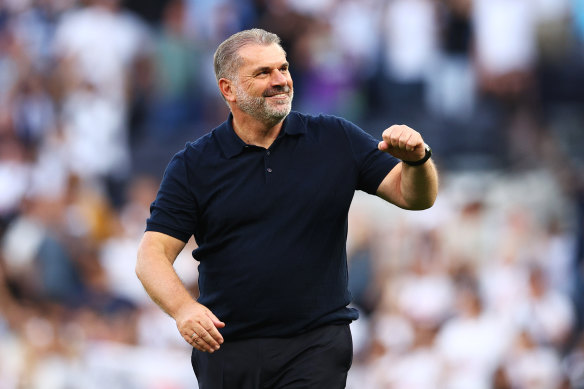 Ange Postecoglou soaks up the adulation of the Tottenham Hotspur fans in August last year. “So much of my childhood was trying to overcome having Postecoglou as a surname, and now they’re making it
into songs … It’s crazy.”