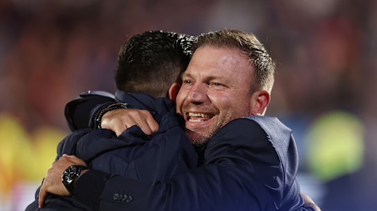 Victory coach Arthur Diles celebrates leading his club to the A-League men’s grand final.