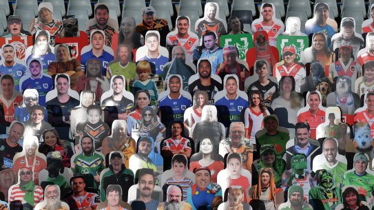 The cardboard cutout crowd at the Penrith Panthers and Newcastle Knights match at Campbelltown Stadium on Sunday.