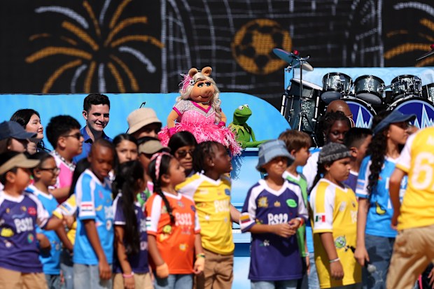 : Miss Piggy, Kermit the Frog, the Muppets, Cookie Monster and Elmo perform during the Topps Final Halftime Show in the FIFA World Cup 2026 Final