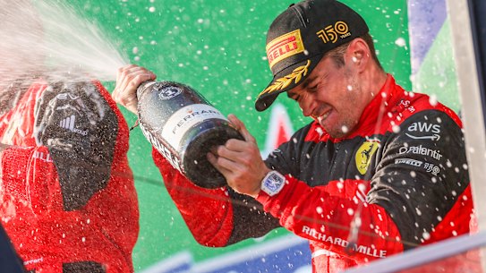 Charles Leclerc celebrates his victory in Melbourne.