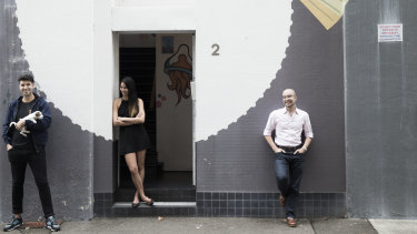 Canva co-founders Cliff Obrecht (left), Melanie Perkins and Cameron Adams (right) at their Surry Hills offices in 2015. 