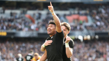 Ardie Savea celebrates scoring a try in Auckland against Australia in his side's 27-7 victory. 