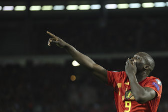 Belgium's Romelo Lukaka celebrates their first goal in the rout of San Marino.
