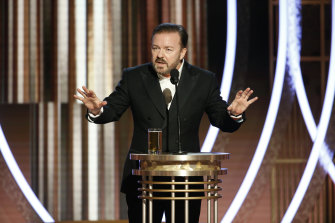 Ricky Gervais pictured hosting 2020’s Golden Globes. This year’s telecast of Hollywood’s second-most prestigious awards show has been scrapped.