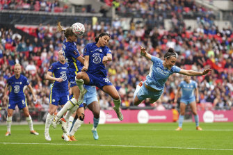Chelsea’s Magdalena Eriksson, left and Sam Kerr compete for the ball with Manchester City’s Lucy Bronze.
