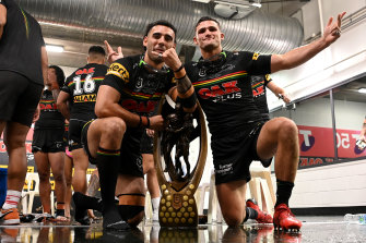 Tyrone May and Nathan Cleary celebrate in the sheds on grand final night.