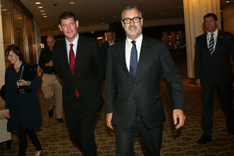 James Packer with former Crown executive chairman Rob Rankin arriving at the company’s annual general meeting in 2015. 