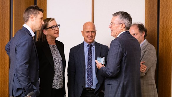 Attorney-General Mark Dreyfus (second from right) with media leaders (from left) James Chessell (Nine), Lenore Taylor (Guardian), Peter Greste (Alliance for Journalists’ Freedom) and Erik Jensen (Schwartz Media) in February.
