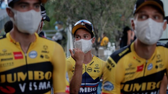Slovenia's Primoz Roglic with teamates at the Tour de France team presentation.