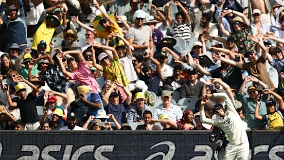 The crowd imitate Sam Konstas … and he loves every moment.