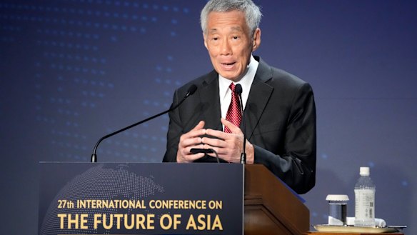 Singapore Prime Minister Lee Hsien Loong speaks in Tokyo on Thursday.