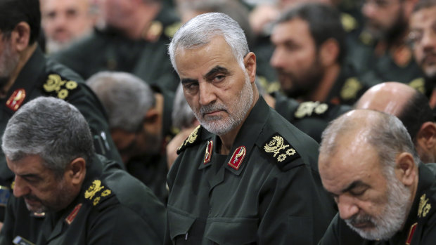 Qassem Soleimani, centre, has been killed by a US strike, the Pentagon confirmed.