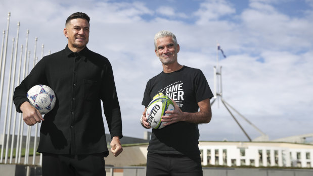 Sonny Bill Williams and Craig Foster at Parliament House on Wednesday.