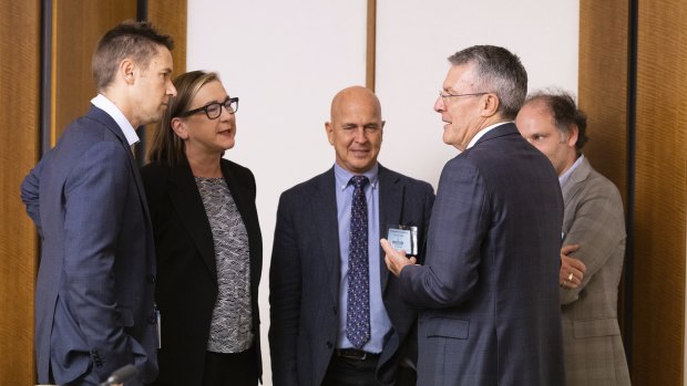 Attorney-General Mark Dreyfus (second from right) with media leaders (from left) James Chessell (Nine), Lenore Taylor (Guardian), Peter Greste (Alliance for Journalists’ Freedom) and Erik Jensen (Schwartz Media) in February.