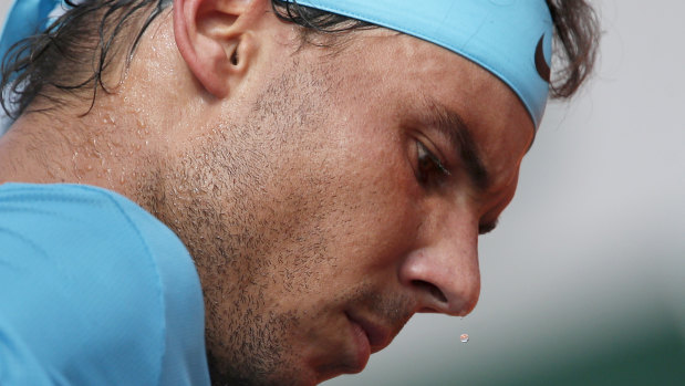 A drop of sweat trickles off the nose of Rafael Nadal.