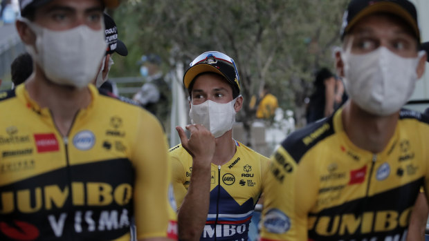 Slovenia's Primoz Roglic with teamates at the Tour de France team presentation.