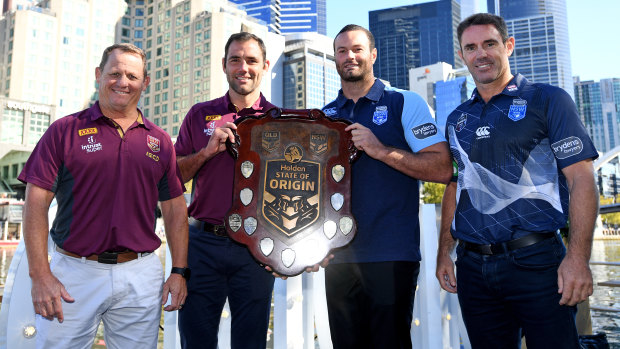 Early start: Kevin Walters, Cam Smith, Boyd Cordner and Brad Fittler launch the 2018 State of Origin series.