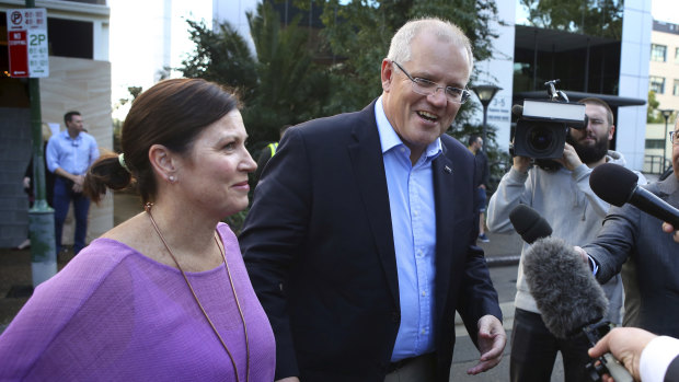 Newly elected Prime Minister Scott Morrison arrives at the Horizon Church in Sutherland with wife Jenny.  
