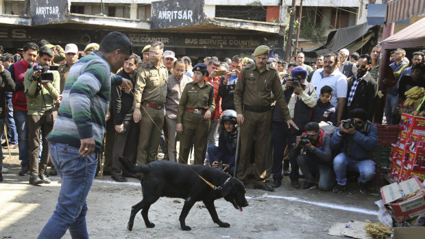 A sniffer dog and policemen inspect the site of a grenade attack in Jammu on Thursday.