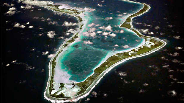An aerial view of Diego Garcia island, one of the Chagos in the Indian Ocean.