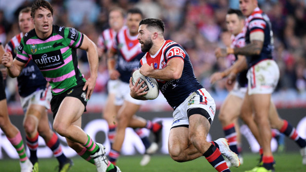 No.1 with a bullet: Roosters fullback James Tedesco makes a break against the Rabbitohs at ANZ Stadium.