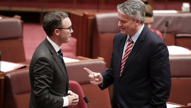 Senator Tim Storer and Finance Minister Mathias Cormann in the Senate on Wednesday.