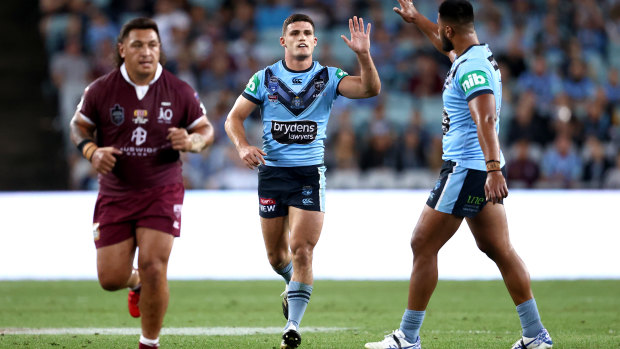 Nathan Cleary gets a high-five after another pin-point kick.