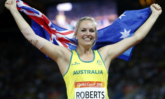 Canberra's Kelsey-Lee Roberts won silver with her last throw.