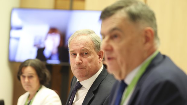 Aged Care Services Minister Richard Colbeck, centre, and Department of Health boss Brendan Murphy are grilled over aged care during a Senate estimates hearing this week.