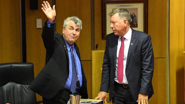 Cr David Pahlke (left) with acting mayor Wayne Wendt after the meeting.