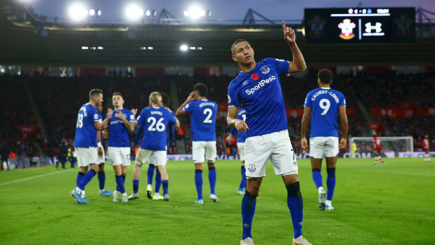 Richarlison of Everton celebrates after scoring his side's second goal against Southampton.