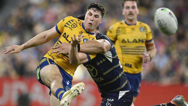 Mitchell Moses kicks the ball for the Eels in the grand final qualifier against the Cowboys.