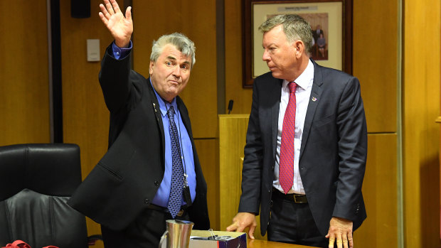 Cr David Pahlke (left) with acting mayor Wayne Wendt after the last council meeting.
