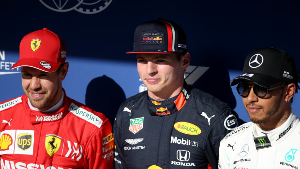 Top three qualifiers Sebastian Vettel, Max Verstappen and Lewis Hamilton in Sao Paulo.