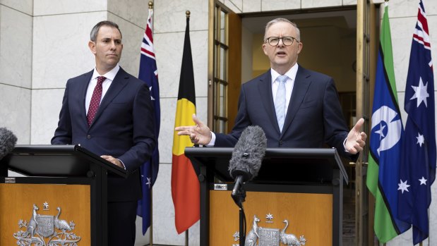 Treasurer Jim Chalmers and Prime Minister Anthony Albanese during Tuesday’s press conference at Parliament House.