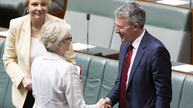 The independent member for Indi, Dr Helen Haines, shaking hands with Attorney-General Mark Dreyfus after he introduced the National Anti-Corruption Commission Bill in the House of Representatives.