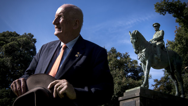 Former deputy prime minister Tim Fischer at the Sir John Monash statue in Melbourne on Wednesday. 