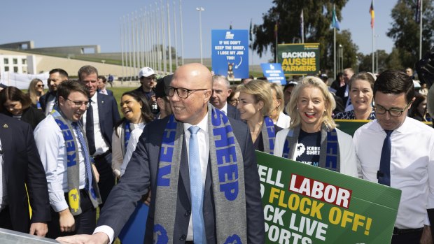 Opposition Leader Peter Dutton at the farmer rally out the front of Parliament House in Canberra on Tuesday.