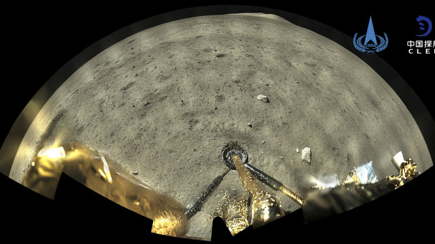 A image from a panoramic camera aboard the lander-ascender combination of Chang’e-5 spacecraft after it landed on the moon. 
