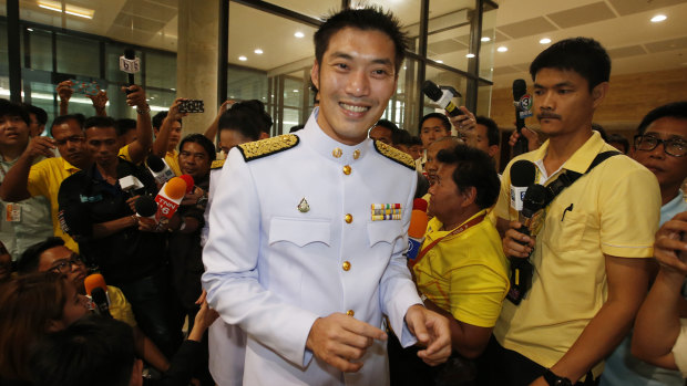 Thailand's Future Forward Party leader Thanathorn Juangroongruangkit arrives at the Parliament in Bangkok on Friday.