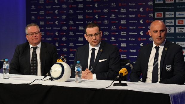 (L-R) Head of Hyundai A-League Greg O'Rourke, Melbourne Victory Chairman Anthony Di Pietro and Melbourne Victory head coach Kevin Muscat at a press conference to announce Honda's signing. 