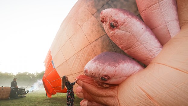 Patricia Piccinini readies the hot-air balloon’s form before its test flight outside Canberra.