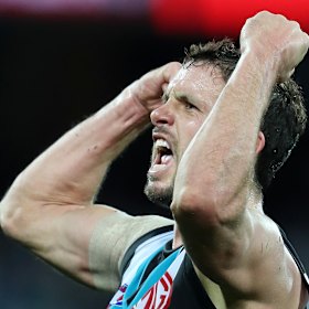 Power favourite son Travis Boak celebrates an Anzac Day goal against the Saints.