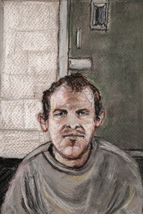 In this June 14, 2019, file courtroom drawing, Brenton Tarrant appears via video link in court from a maximum security prison in Auckland.