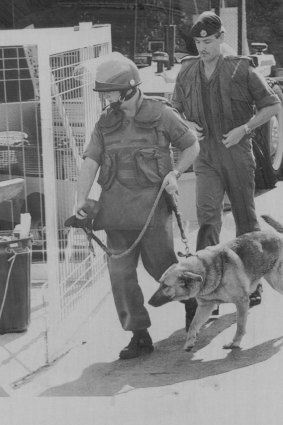 Police bomb squad and sniffer dogs arrive at the stadium during the bomb square.