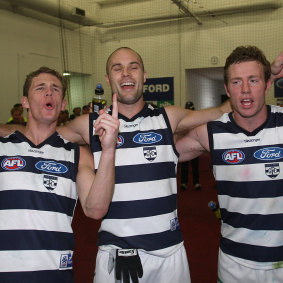 Joel Selwood, Tom Harley, and Steve Johnson in the rooms after Geelong’s 2007 qualifying final win.